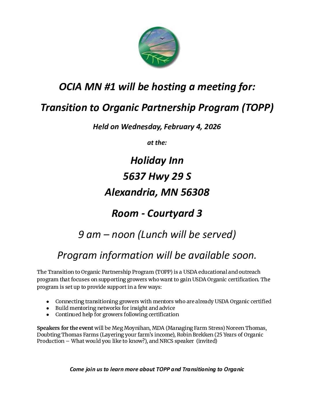 Transition to Organic Partnership (TOPP) Workshop (Minnesota)